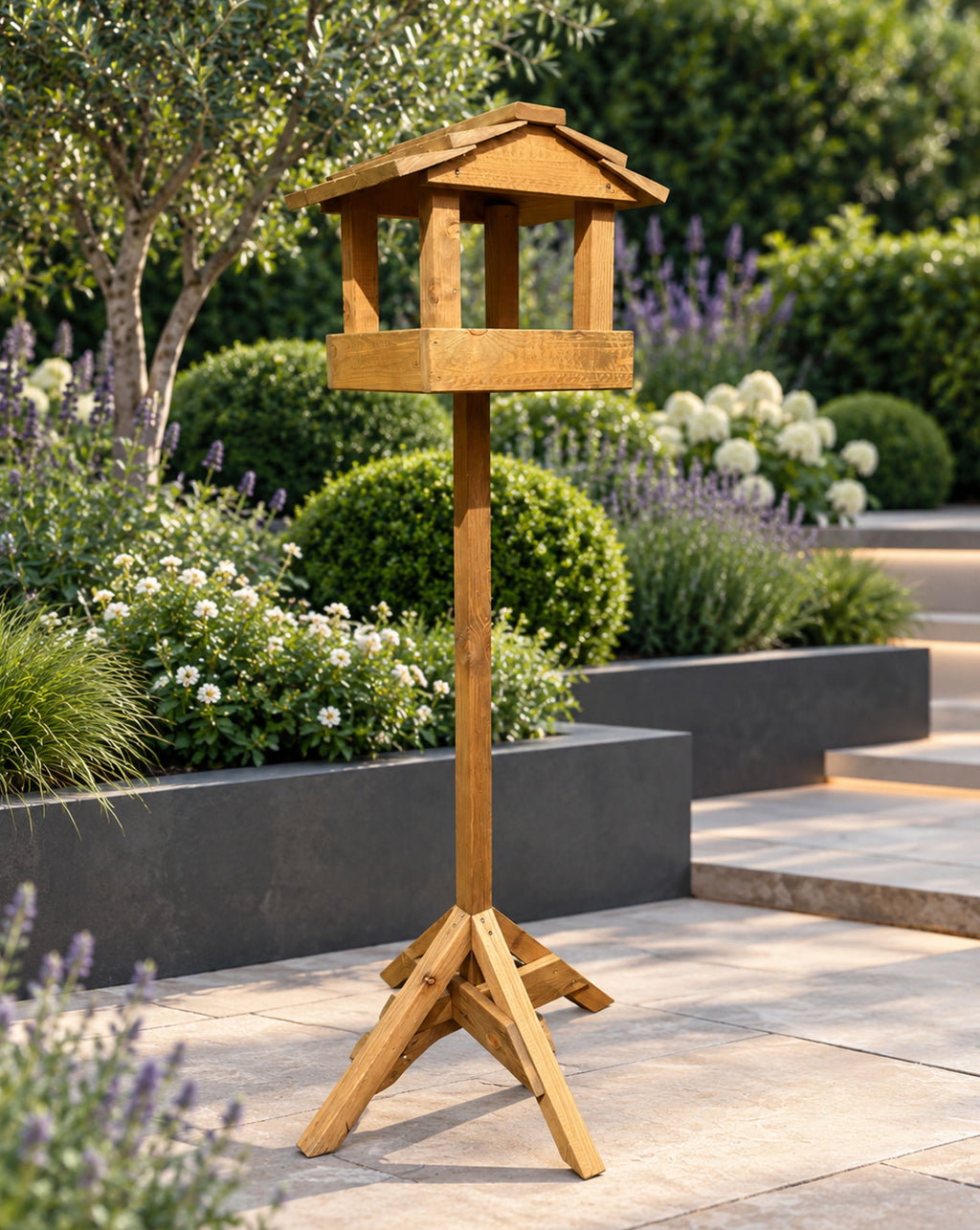 Wooden Bird Table with Stand - Freestanding Garden Wild Bird Feeder 130cm High