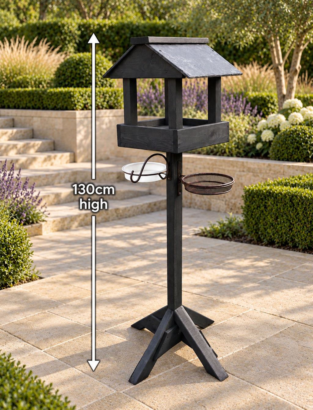 Black Wooden Bird Table with Genuine Slate Roof, Bird Bath, Feeding Tray & Feeder Station