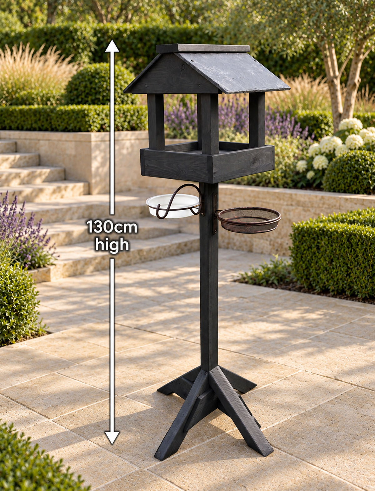 Black Wooden Bird Table with Genuine Slate Roof, Bird Bath, Feeding Tray & Feeder Station