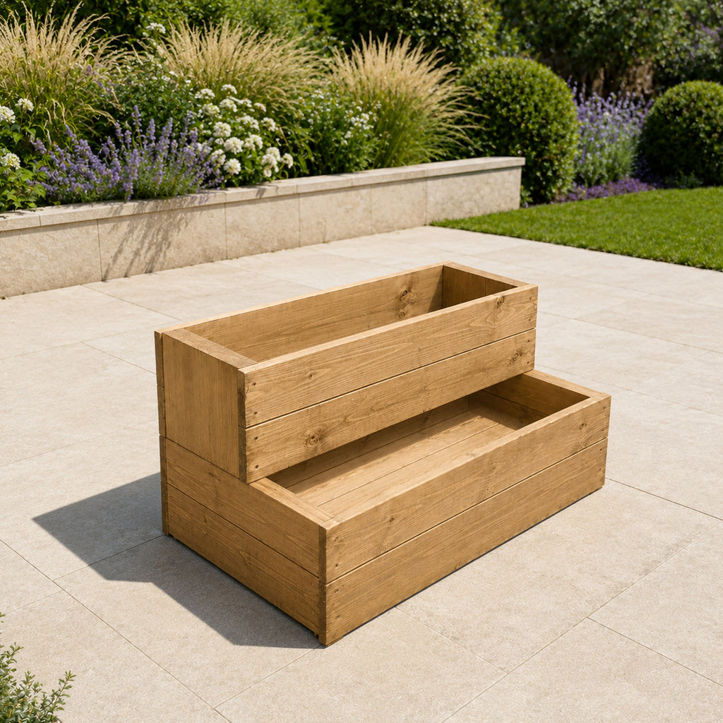 Heavy Duty Wooden Planter - Large Two-Tier Raised Bed for Flowers Herbs & Vegetables