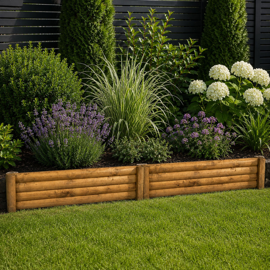 Wooden Garden Edging with Stakes – Decorative Log Style Lawn Border for Flower Beds & Pathways