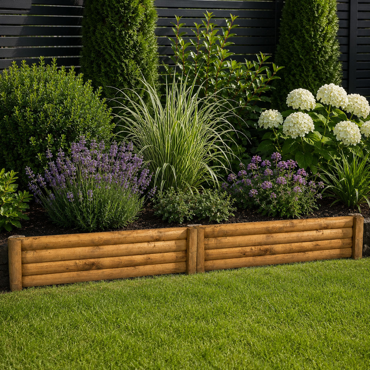 Wooden Garden Edging with Stakes – Decorative Log Style Lawn Border for Flower Beds & Pathways
