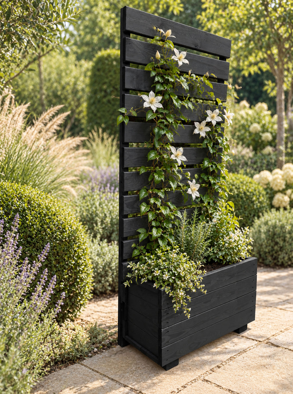 Wooden Planter with Trellis Privacy Screen - Black Climbing Plants for Patios & Decking
