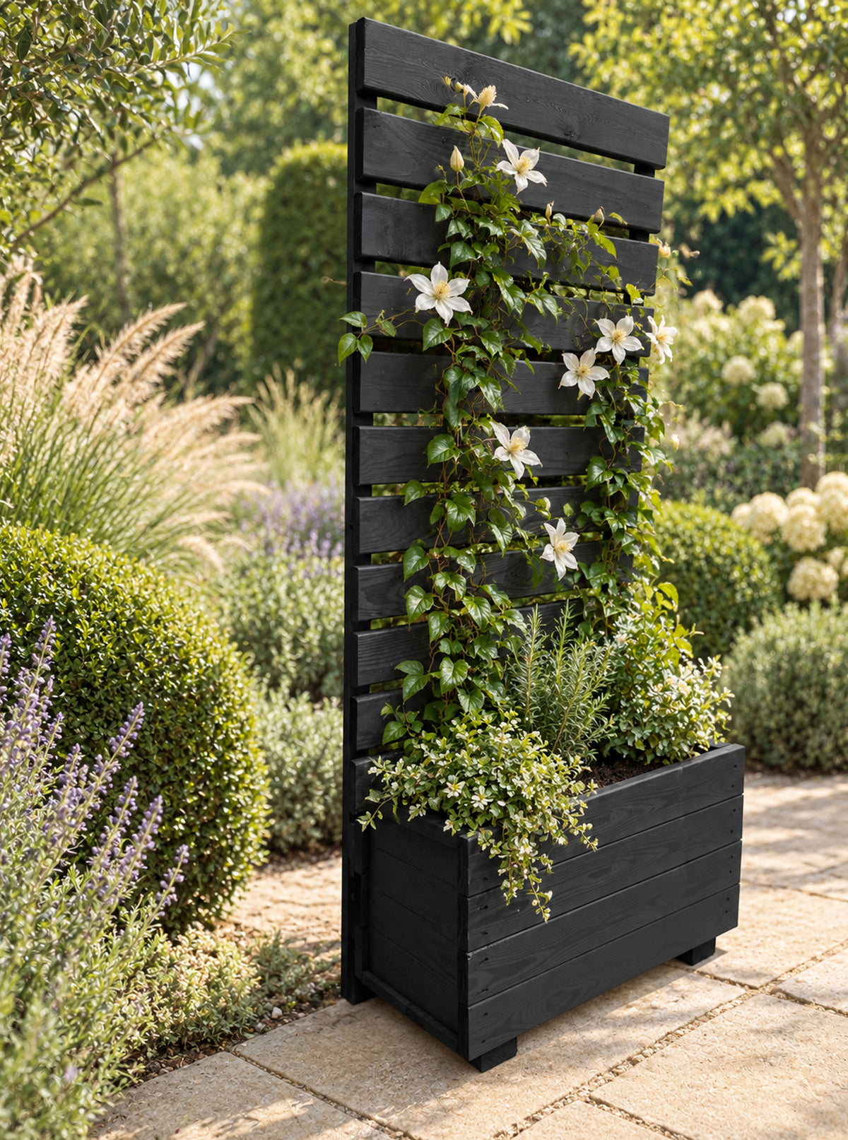 Wooden Planter with Trellis Privacy Screen - Black Climbing Plants for Patios & Decking