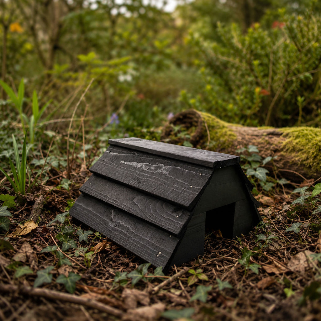 Black Wooden Garden Hedgehog House - Fully Assembled Hibernation Nest Box & Shelter