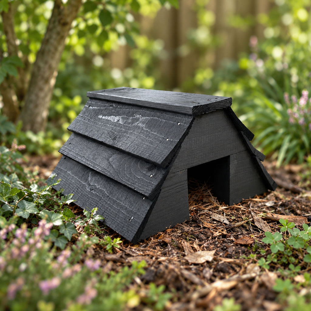 Black Wooden Garden Hedgehog House - Fully Assembled Hibernation Nest Box & Shelter