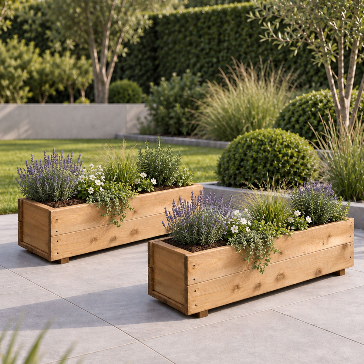 Twin Pack Tan Wooden Garden Planters Heavy Duty Flower Plant Trough Boxes Patio Herb 80cm Long  Fully Assembled