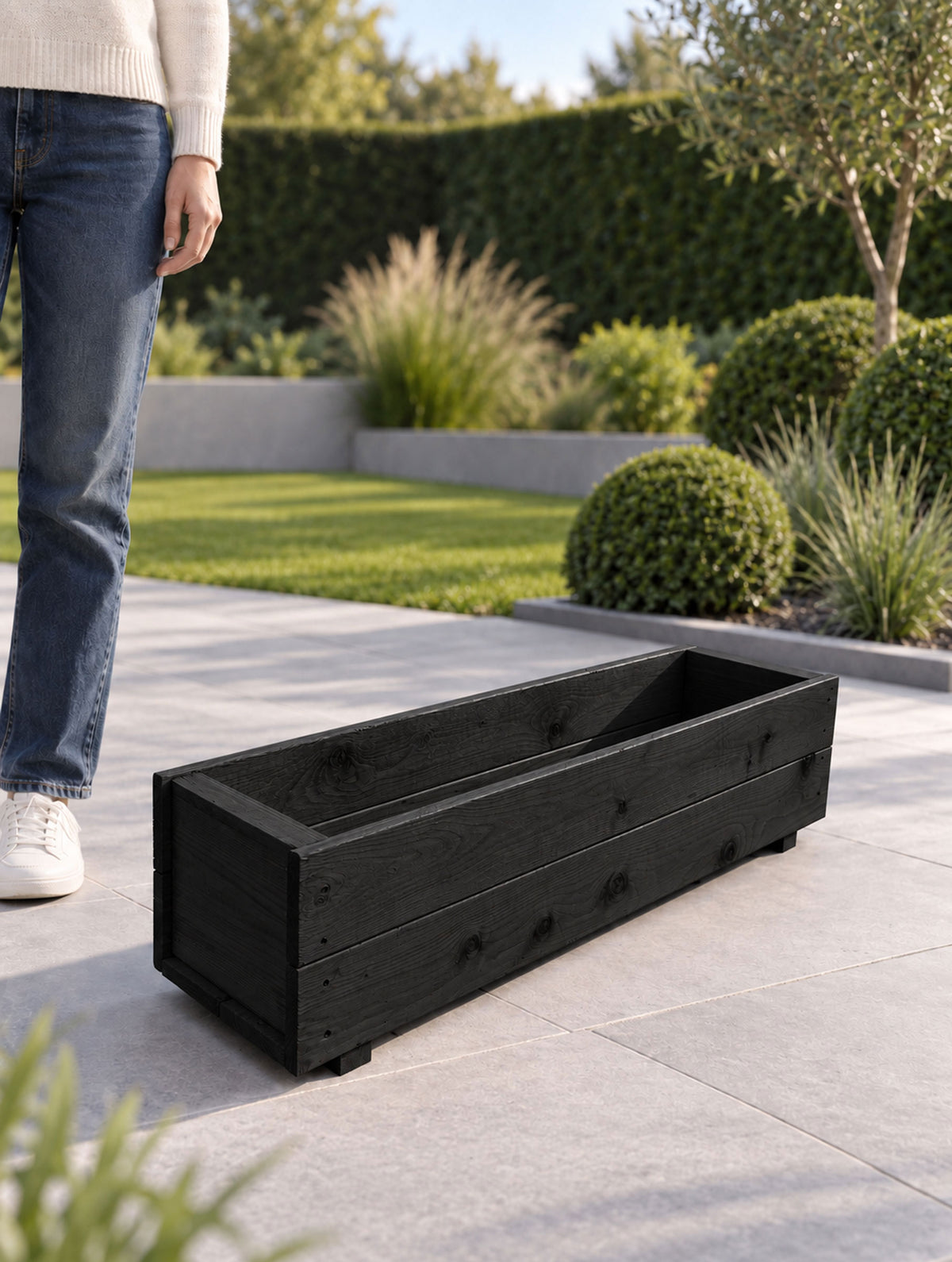 Twin Pack Black Wooden Garden Planters Heavy Duty Flower Plant Trough Boxes Fully Assembled  Patio Herb 80cm Long