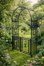 Metal Garden Arch with Opening Gate - Steel Garden Archway Walkway Entrance Frame for Climbing Roses