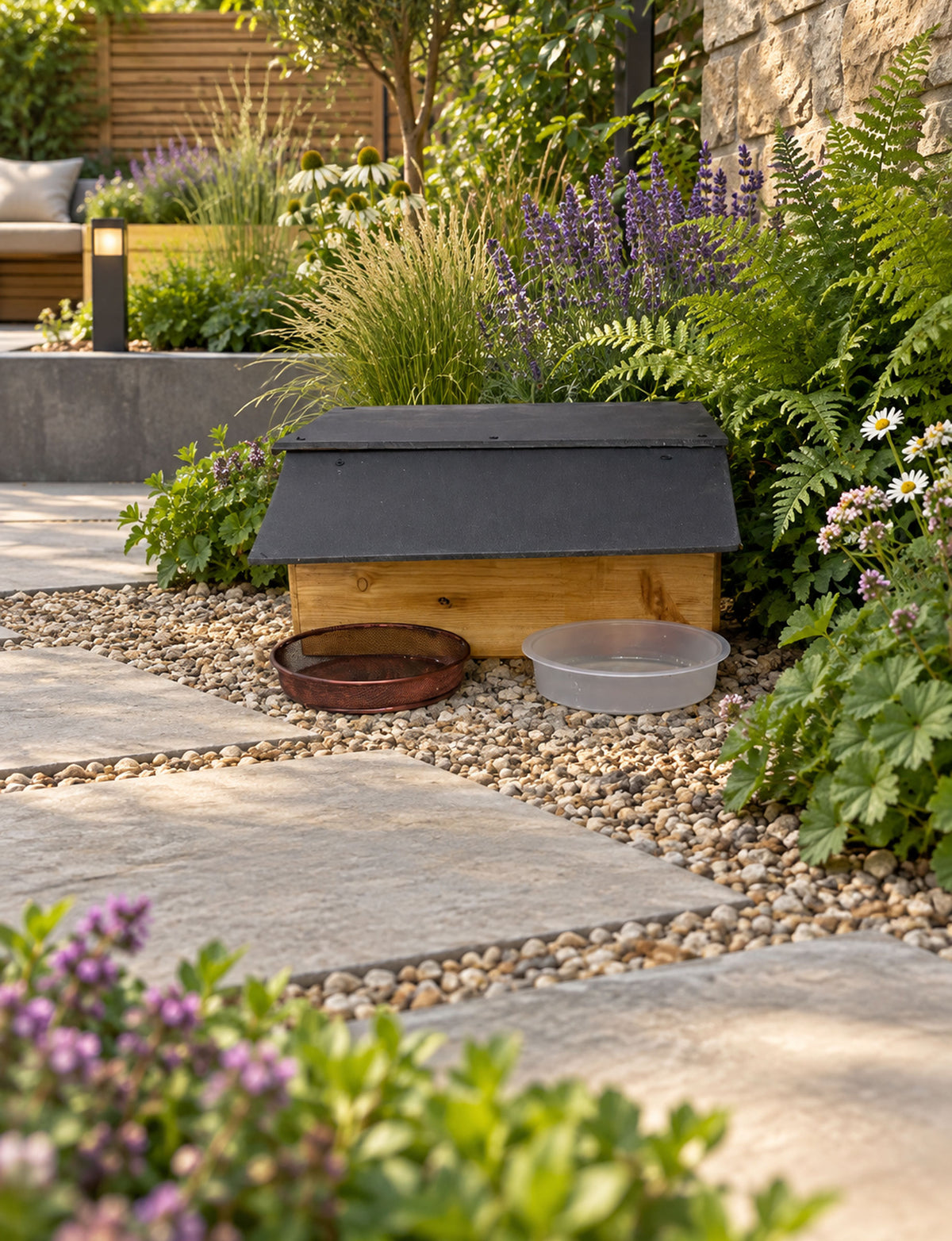 Heavy-Duty Wooden Hedgehog Feeding Station & Shelter with Food and Water Dishes - 35mm Timber Walls