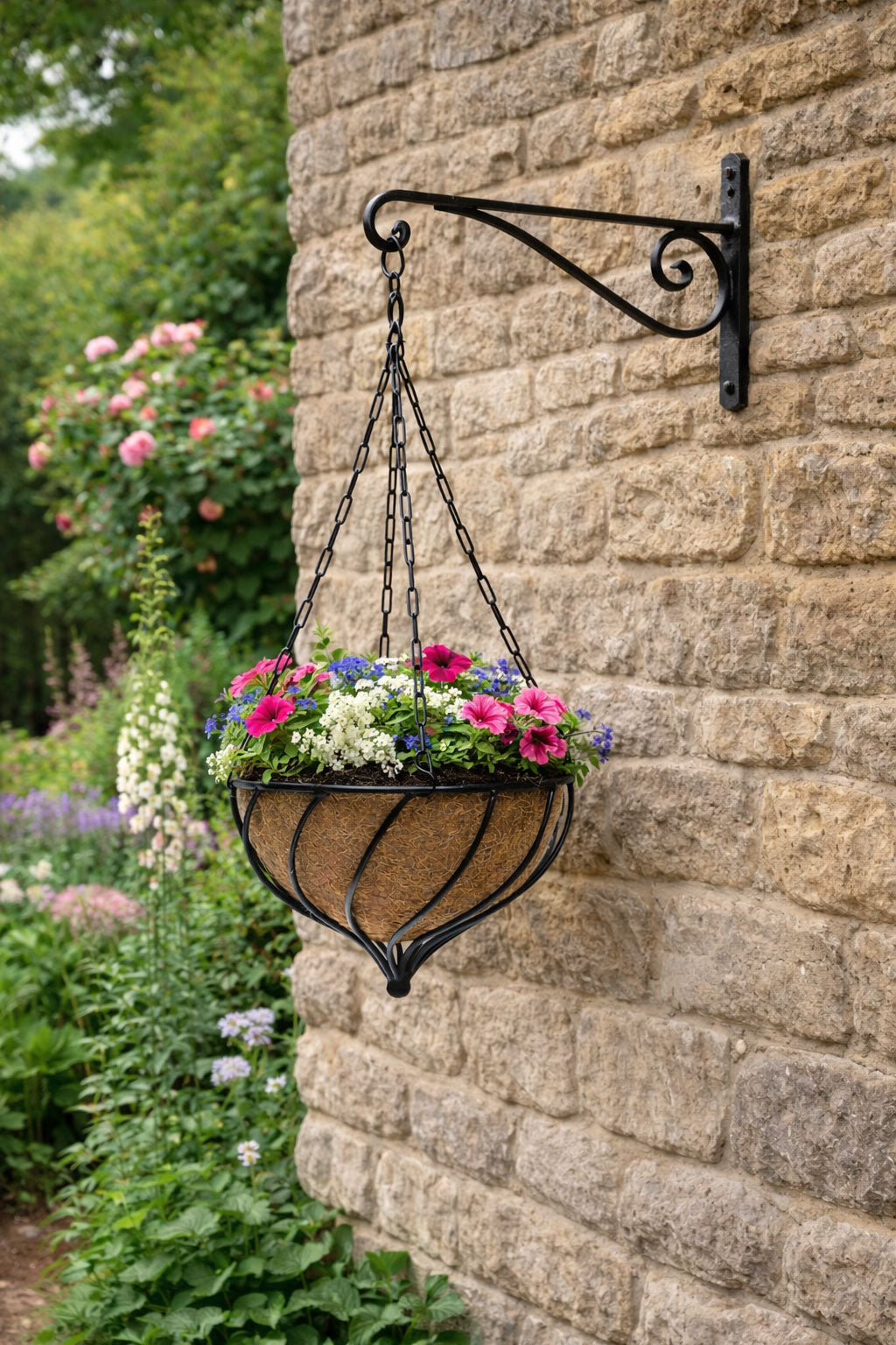 Metal Hanging Baskets with Coco Liners -  Spiral Ironwork Planter Size 35cm & 40cm