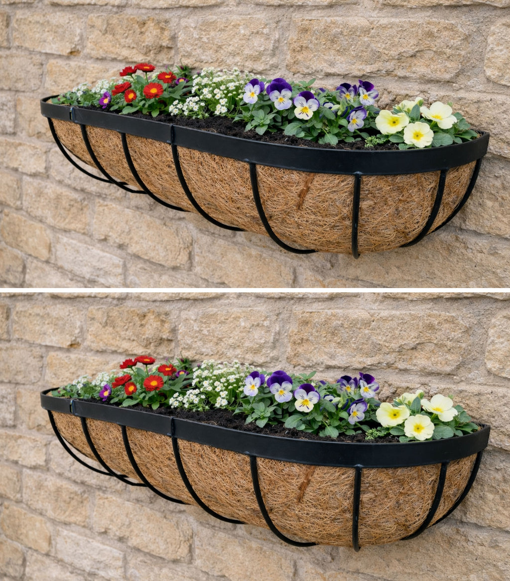 Twin Pack Outdoor Metal Wall Planters 60cm Window Boxes with Natural Coir Liners for Garden Walls
