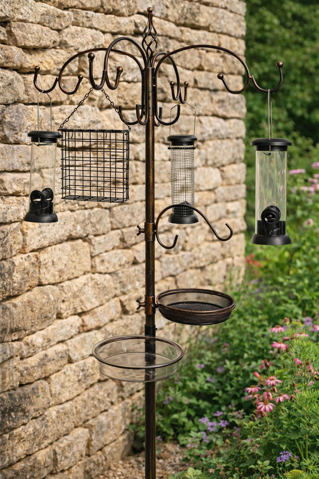 Bronze All-in-One Garden Bird Feeding Station with Feeders & Water Dish Feed Tray