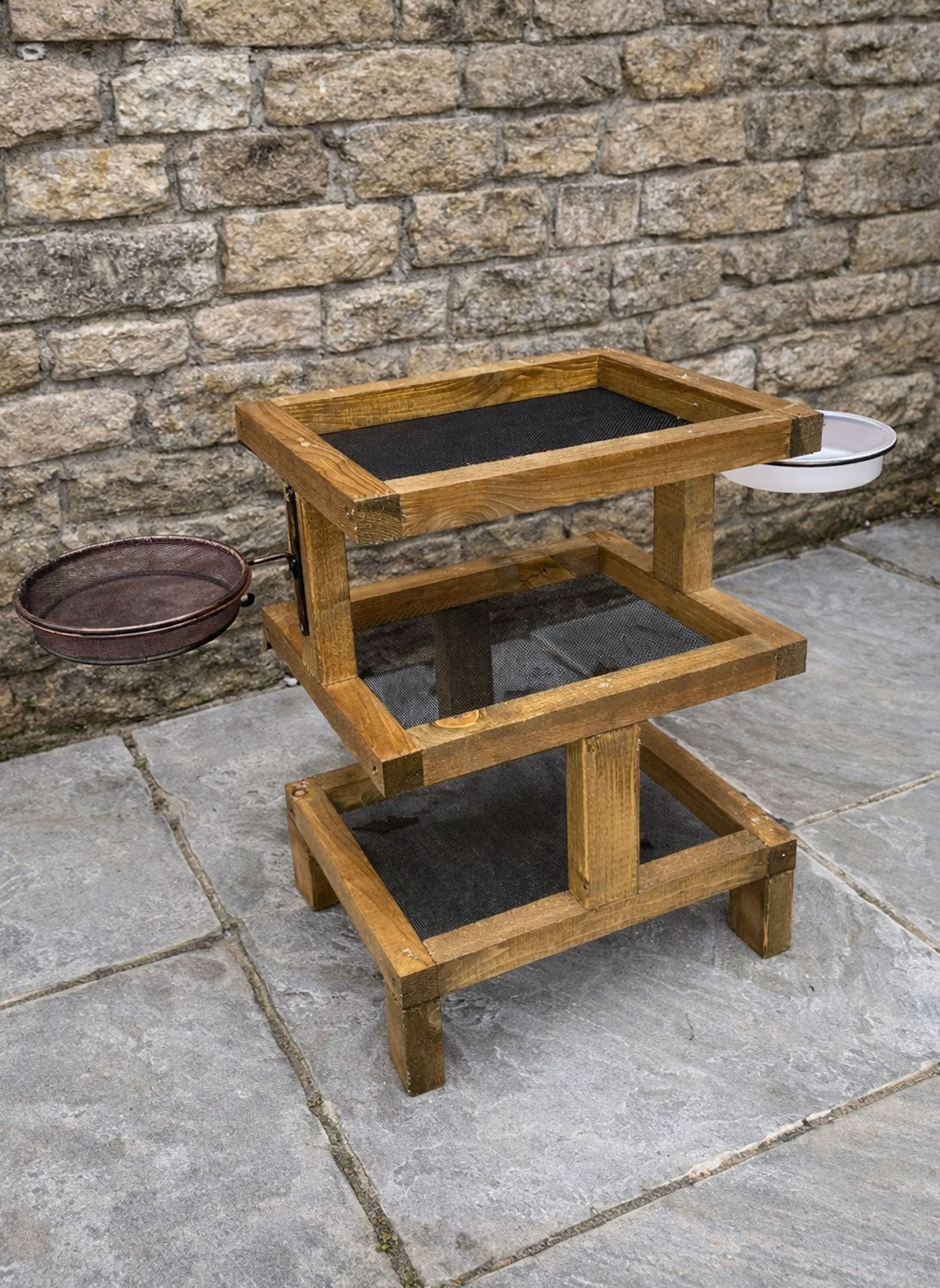 Three Tier Wooden Bird Feeding Station with Water Bowl & Mesh Trays – Ground Feeder Table