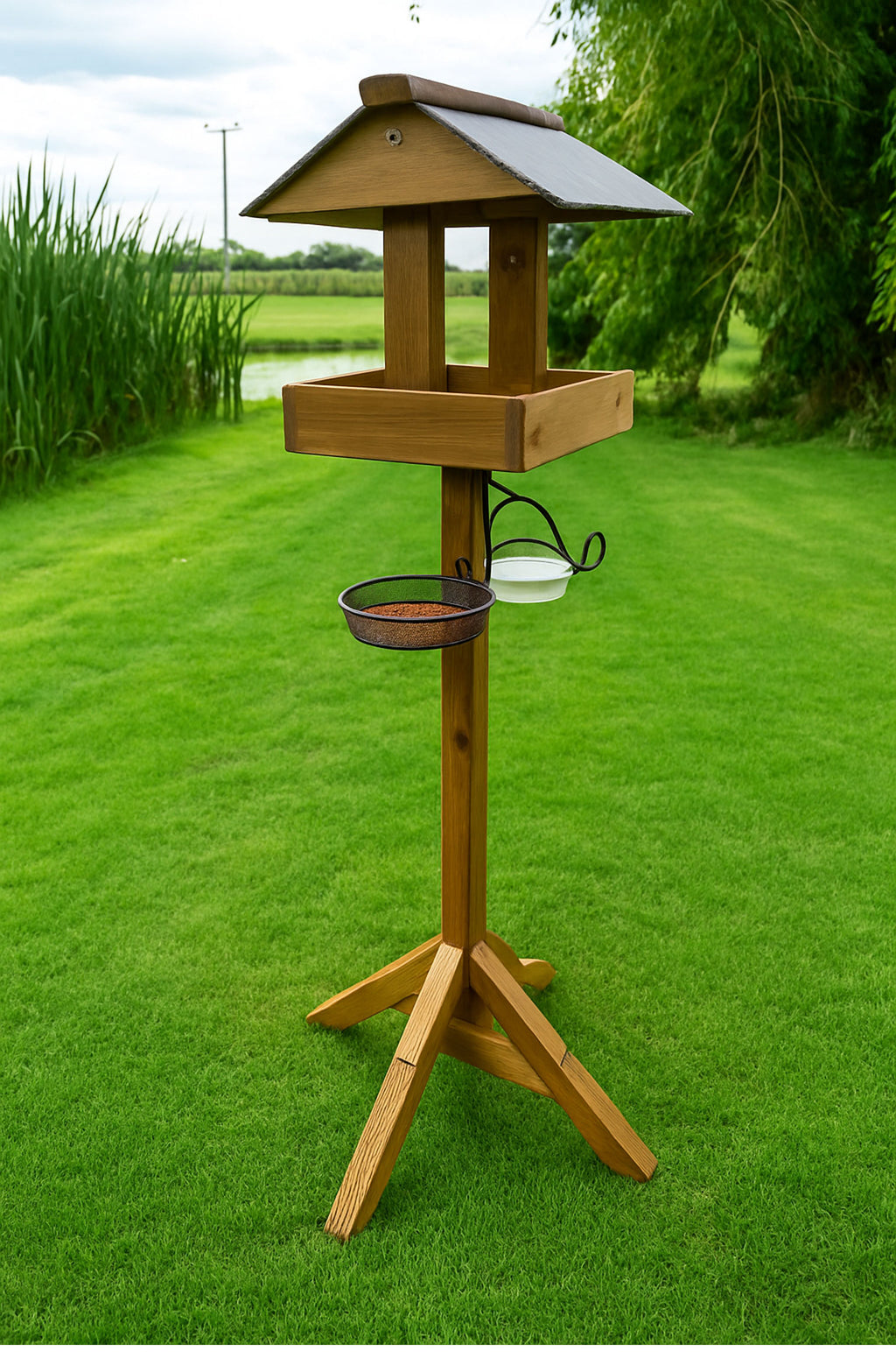 Garden Wooden Bird Table & Feeder Stand with Seed Tray and Water Bath