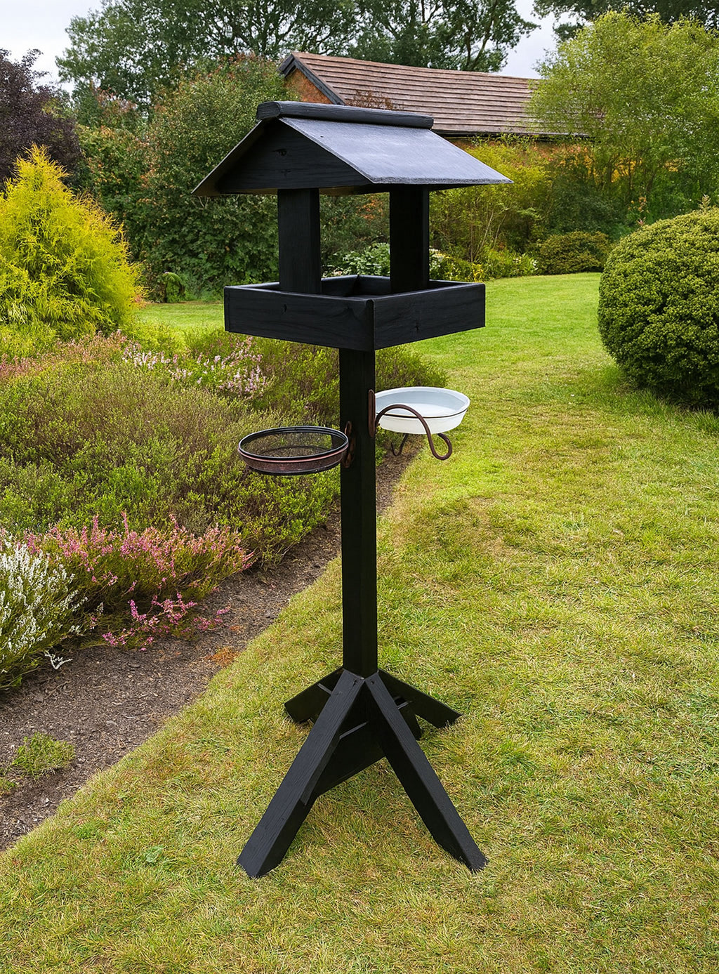 Slate Roof Wooden Bird Table with Feeding Station – Sturdy Outdoor Bird Feeder