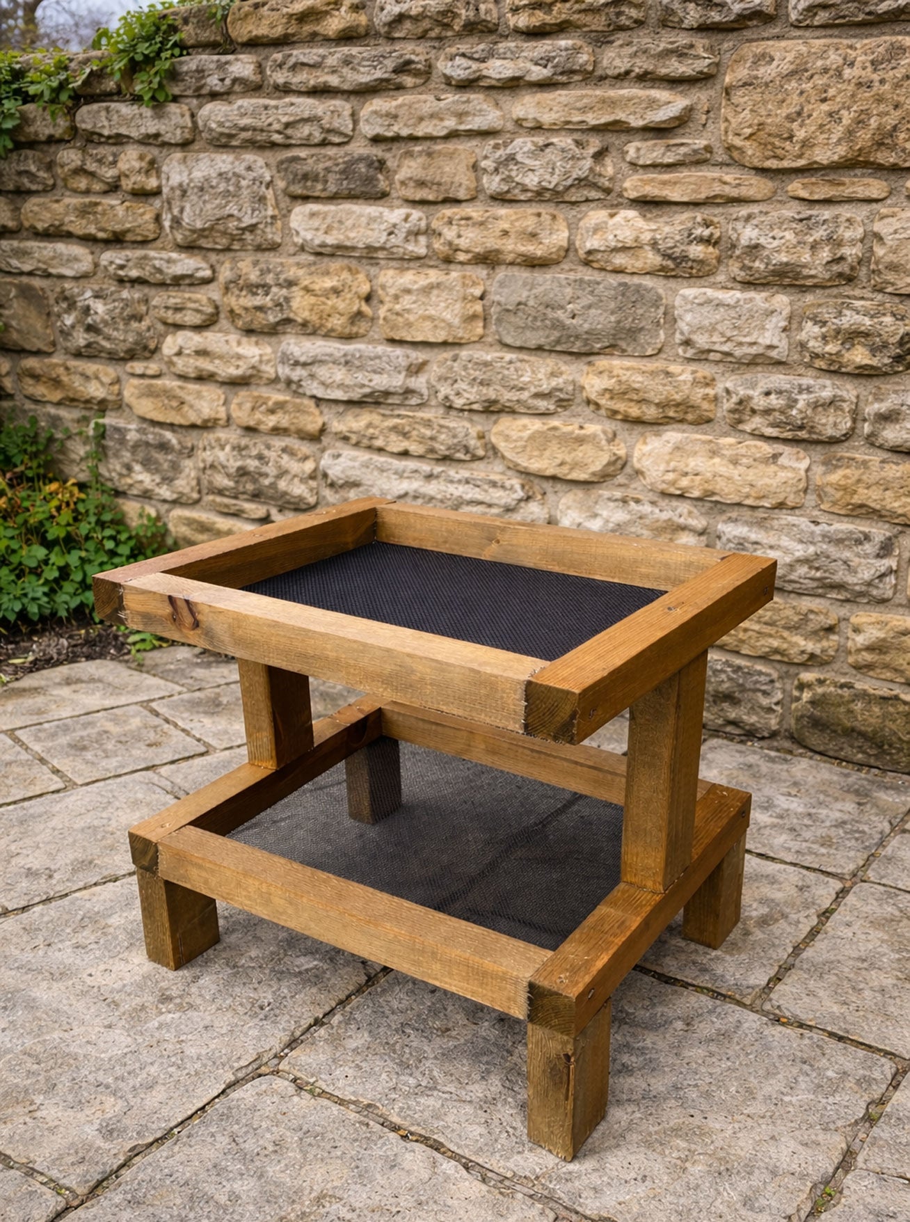 Wooden Ground Bird Feeder with Dual Mesh Platforms for Robins Blackbir ...