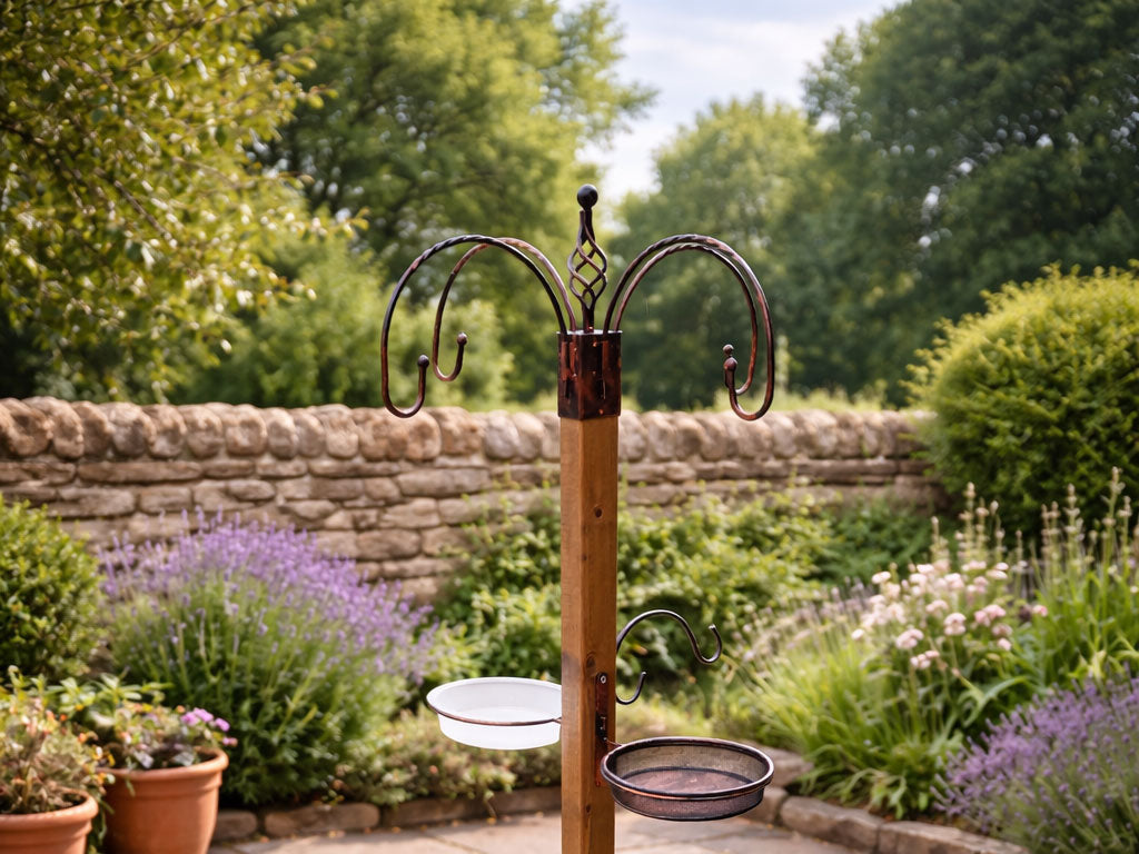 Wooden Bird Feeding Station with Hooks  - Brown Garden Bird Stand Freestanding Multi Feeder