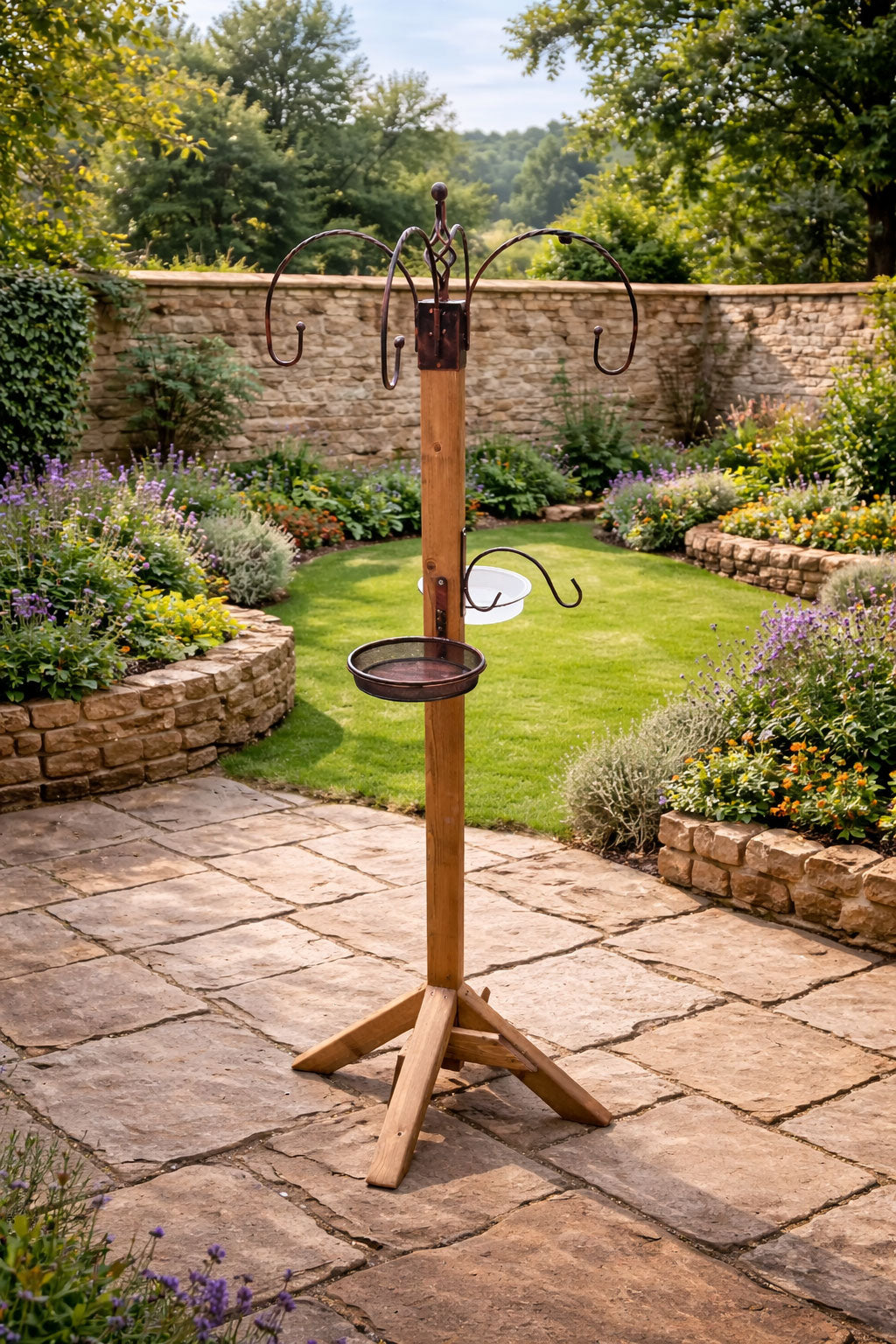 Wooden Bird Feeding Station with Hooks  - Brown Garden Bird Stand Freestanding Multi Feeder