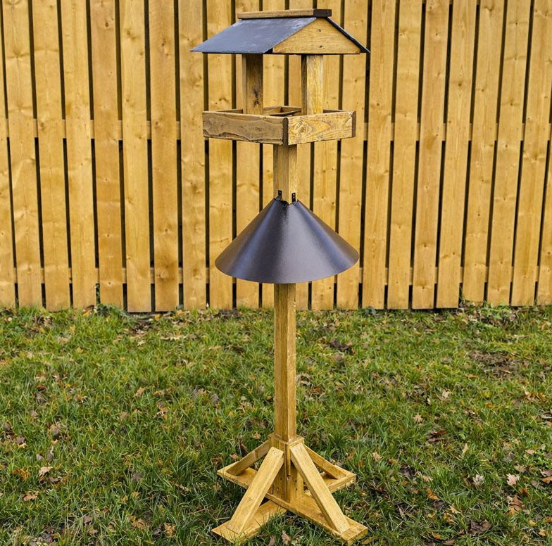 Wooden Bird Table with Squirrel Baffle - Slate Roof & Heavy Duty Stand