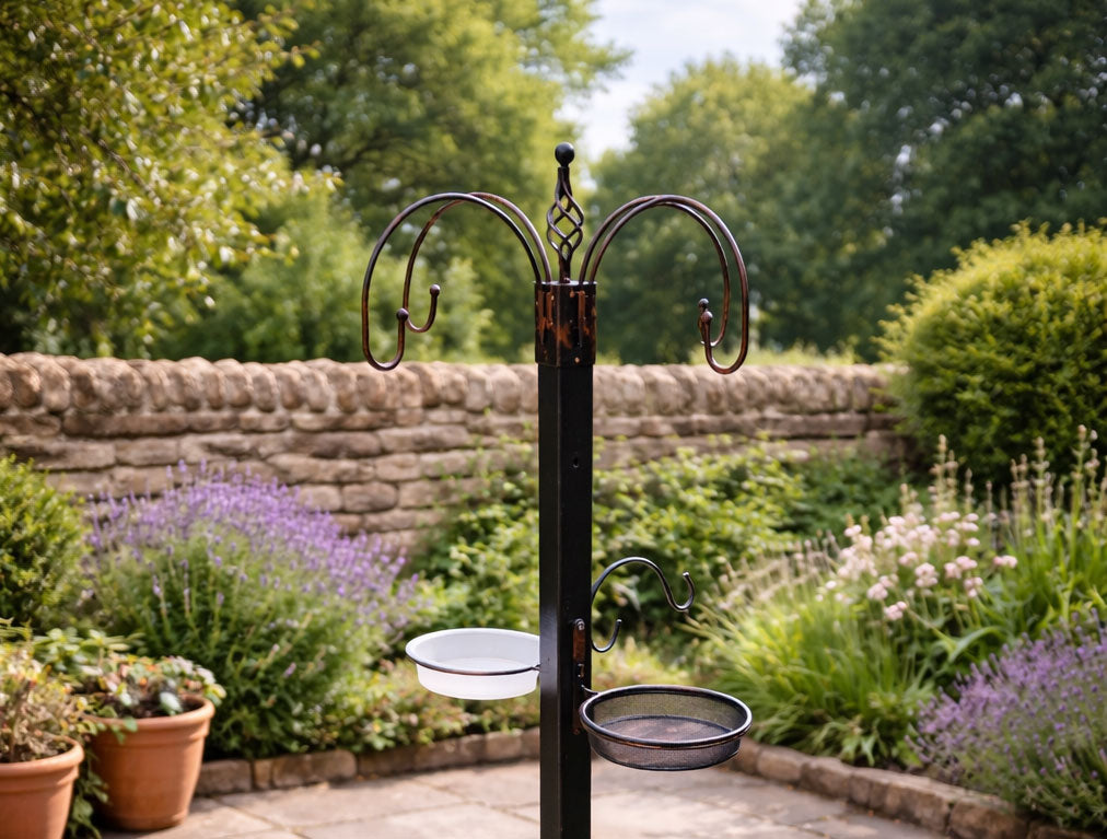 Wooden Garden Bird Feeding Feeder Stand Station with Hanging Hooks Mesh Feeding tray and Water Dish
