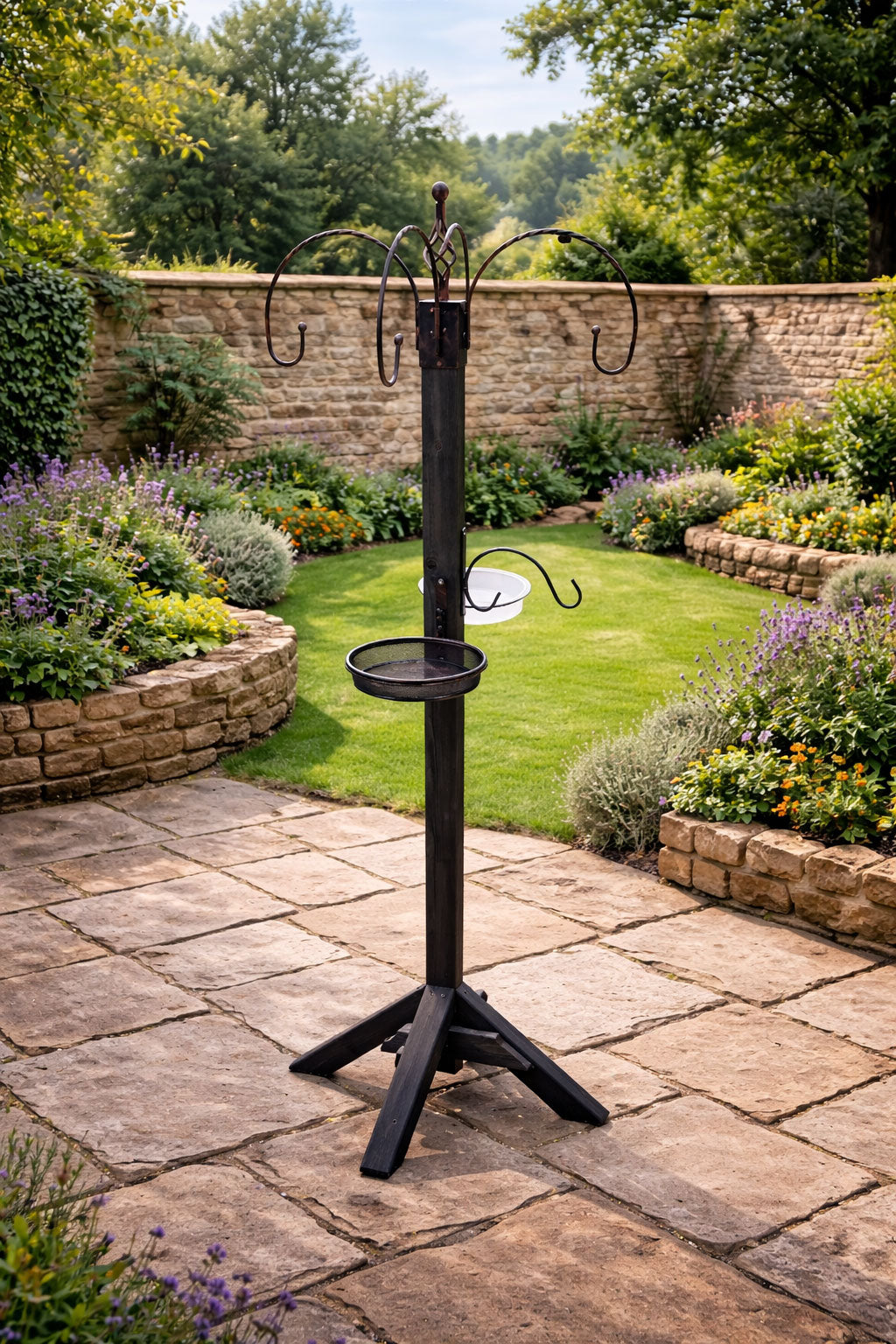 Wooden Garden Bird Feeding Feeder Stand Station with Hanging Hooks Mesh Feeding tray and Water Dish