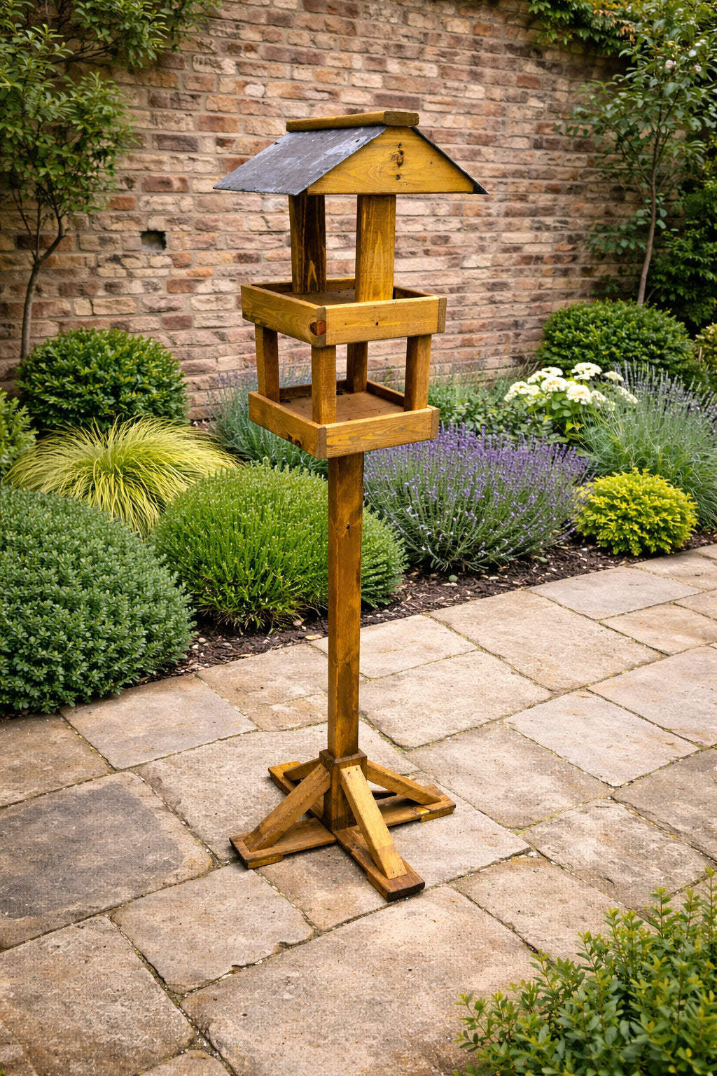 Twin Platform Wooden Bird Table with Real Slate Roof Heavy Duty Garden Wild Bird Feeding Station