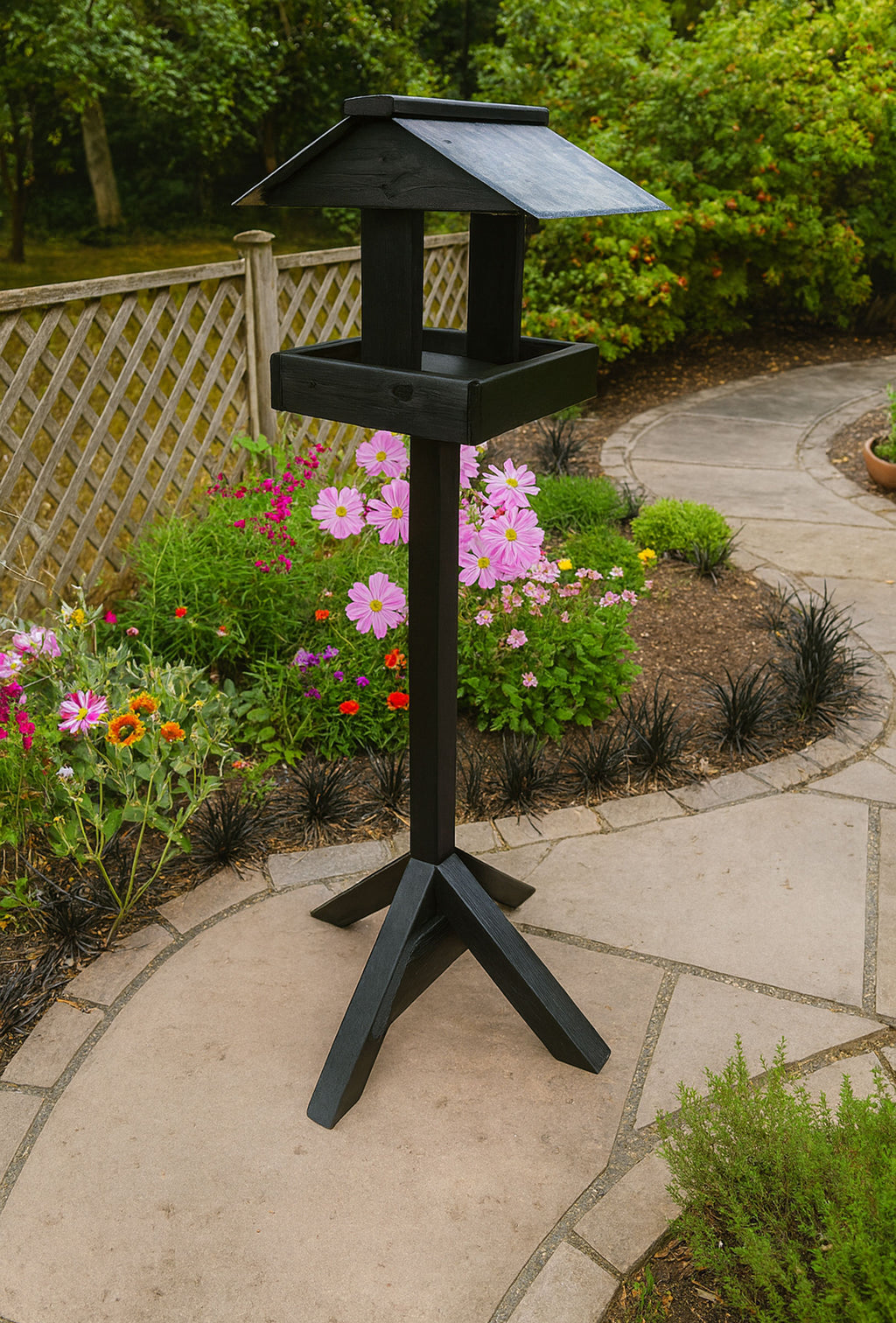 Wooden Bird Table Stand with Slate Roof - Garden Bird Feeder