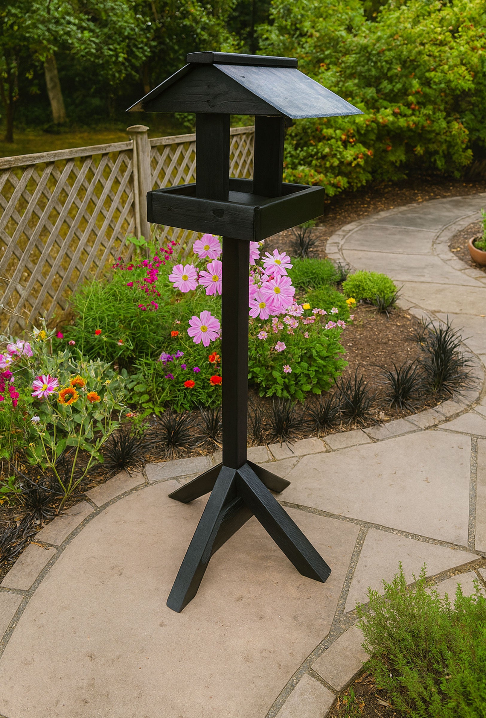 Wooden Bird Table Stand with Slate Roof - Garden Bird Feeder