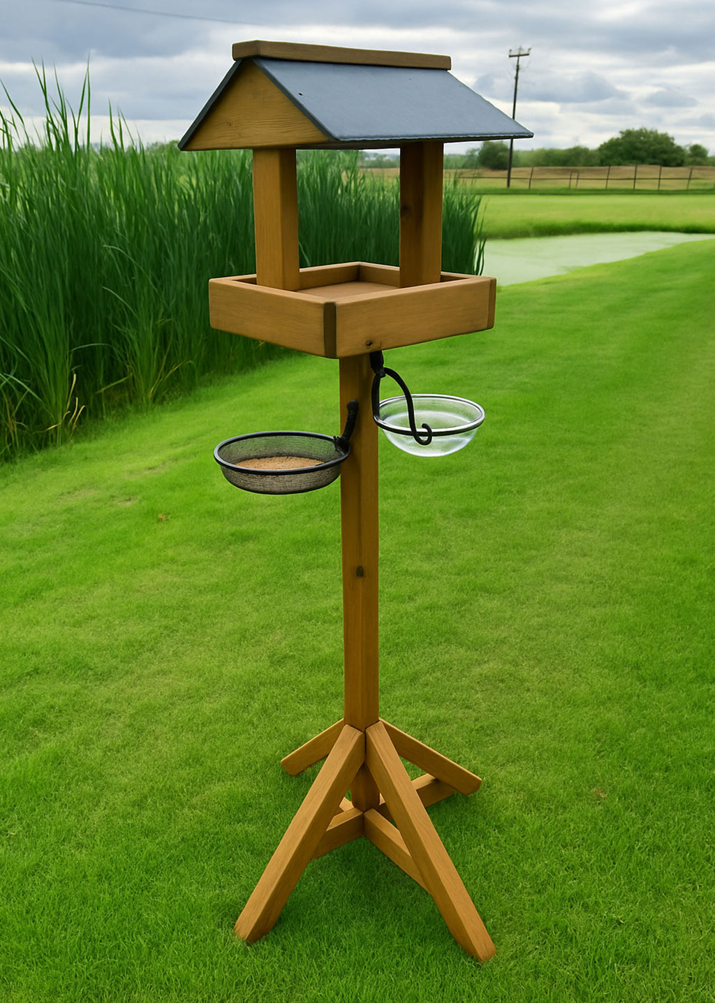 Garden Wooden Bird Table & Feeder Stand with Seed Tray and Water Bath