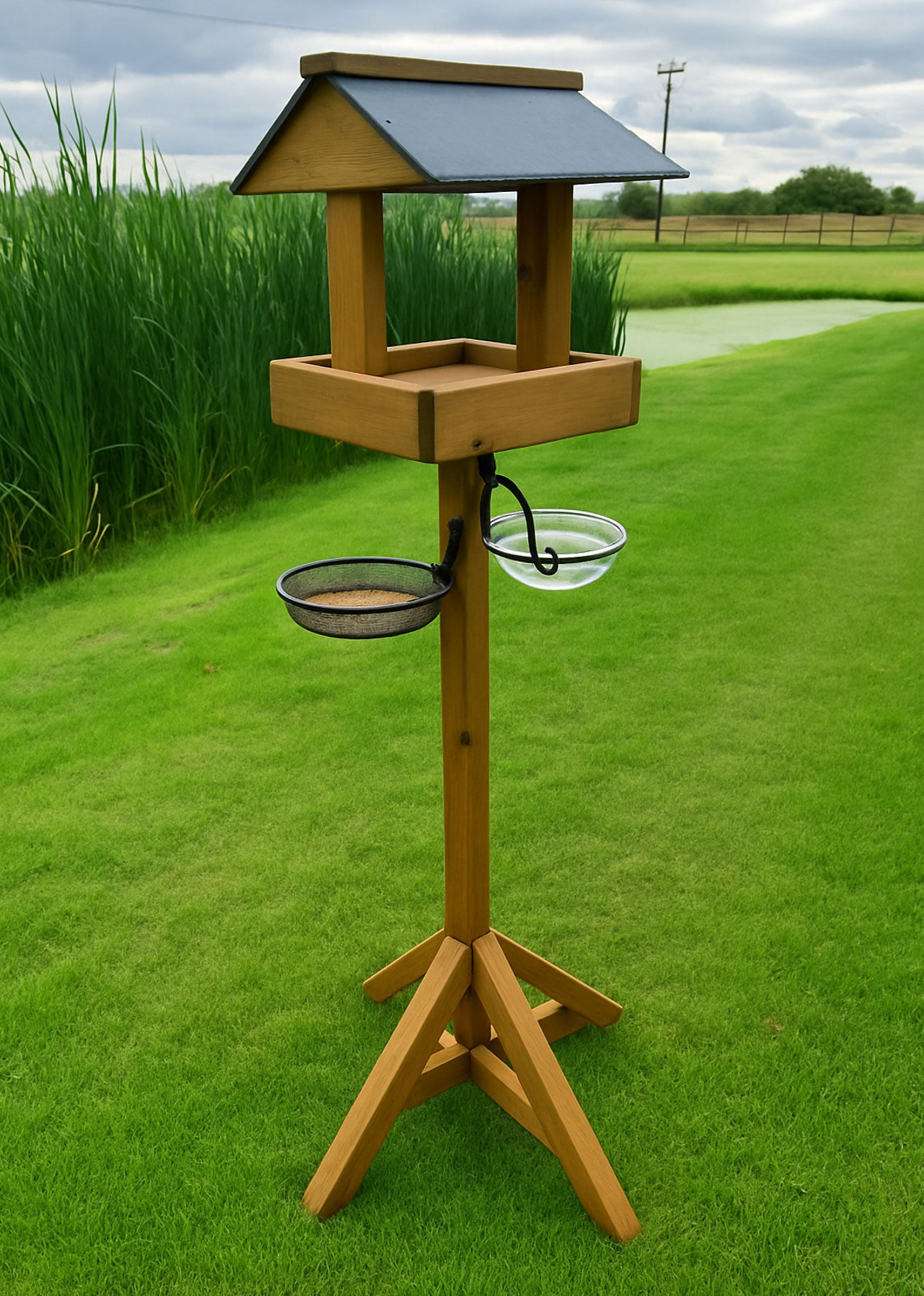 Garden Wooden Bird Table & Feeder Stand with Seed Tray and Water Bath