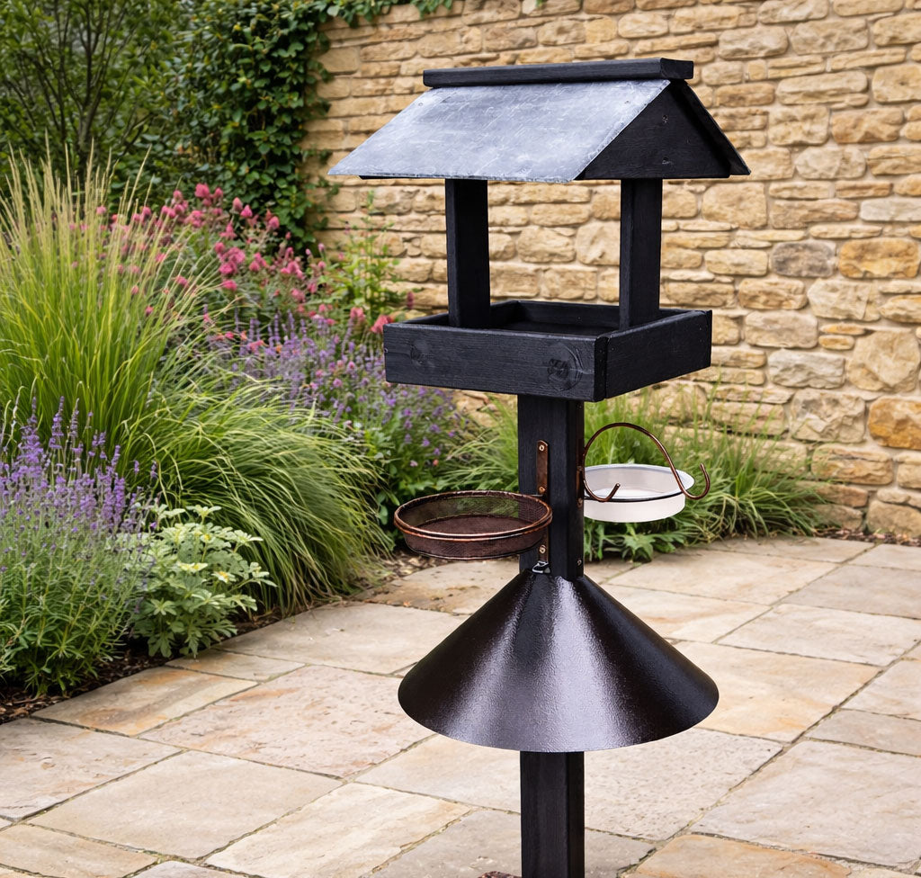 Large Wooden Bird Table Feeding Station with Squirrel Baffle Guard - Black  Freestanding Outdoor Garden Bird Feeder