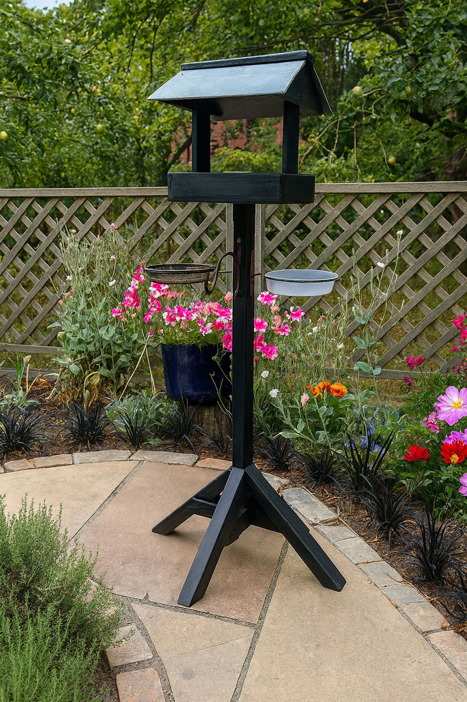 Slate Roof Wooden Bird Table with Feeding Station – Sturdy Outdoor Bird Feeder