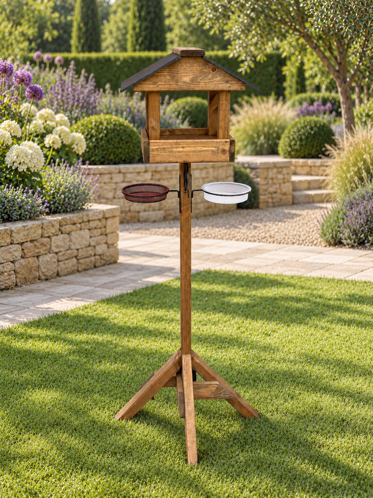 Meadows Wooden Bird Table with Black Roof, Feeding Station Trays & Bird Bath