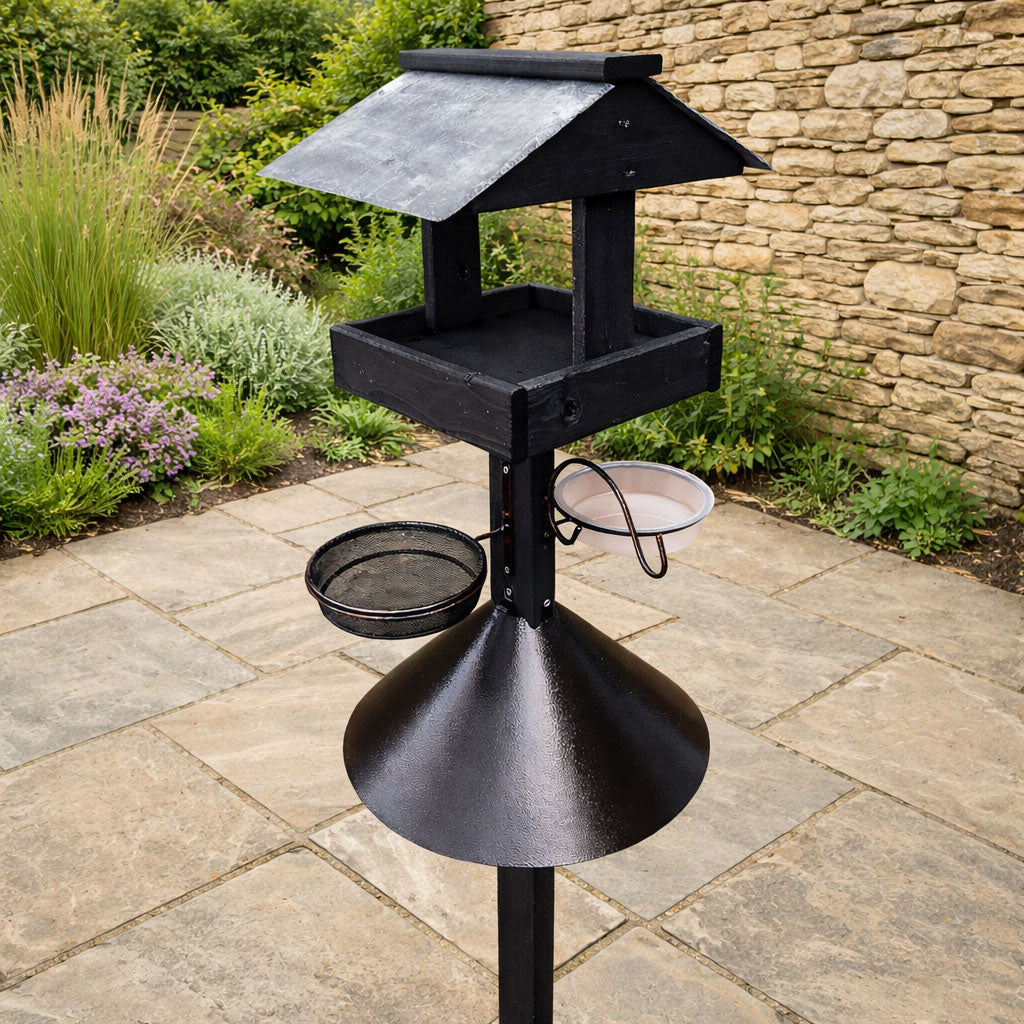 Large Wooden Bird Table Feeding Station with Squirrel Baffle Guard - Black  Freestanding Outdoor Garden Bird Feeder