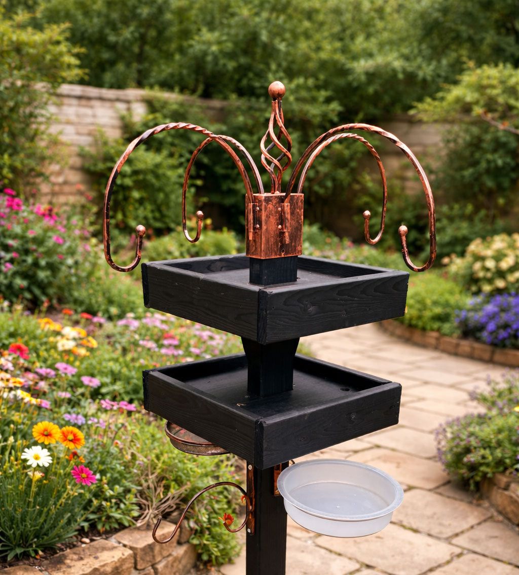Freestanding Bird Feeding Station Heavy Duty with Dual Feeding Tables - 4 Arm Hanging Hooks - Mesh Seed Tray and Water Dish