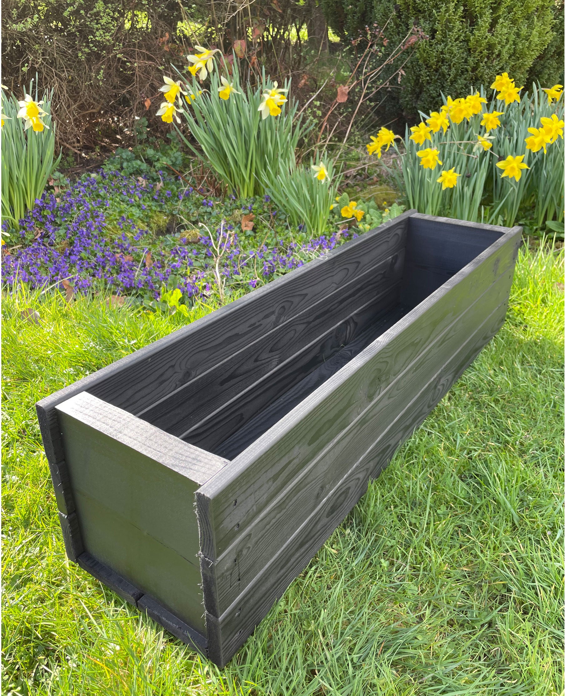 Rectangular Wooden Garden Planters – Outdoor Heavy-Duty Wooden Troughs Black