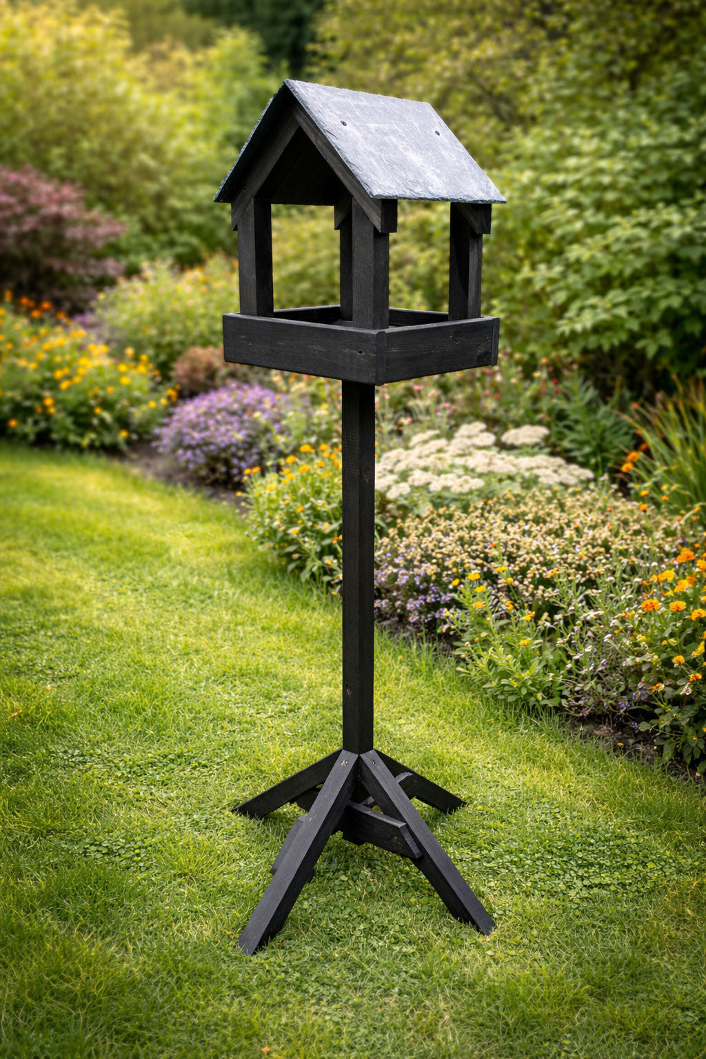 Outdoor Black Bird Table with Stand  - Wooden Garden Bird Feeding Station