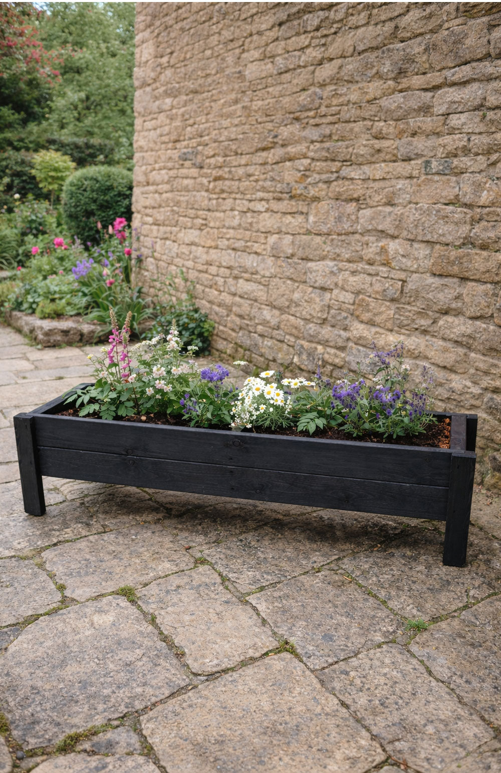 Raised Wooden Garden Container on Legs - Black Timber Trough for Herbs & Flowers
