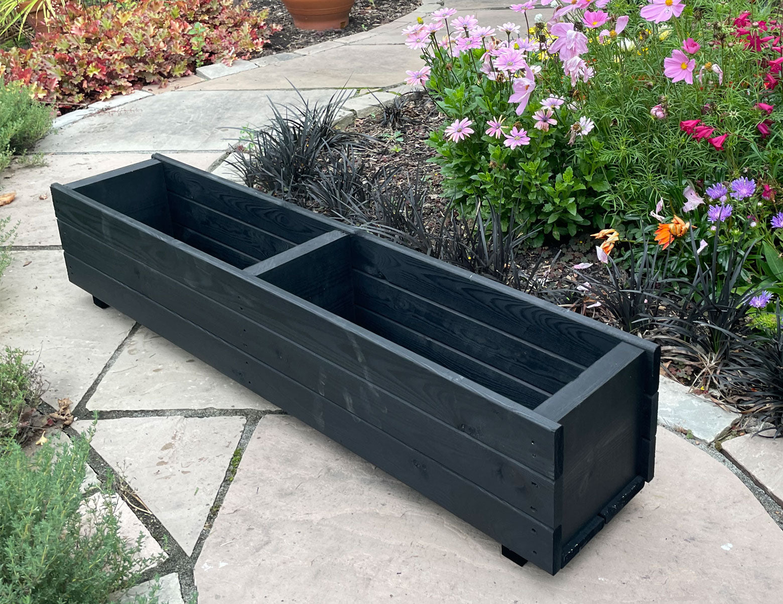 Rectangular Wooden Garden Planters – Outdoor Heavy-Duty Wooden Troughs Black