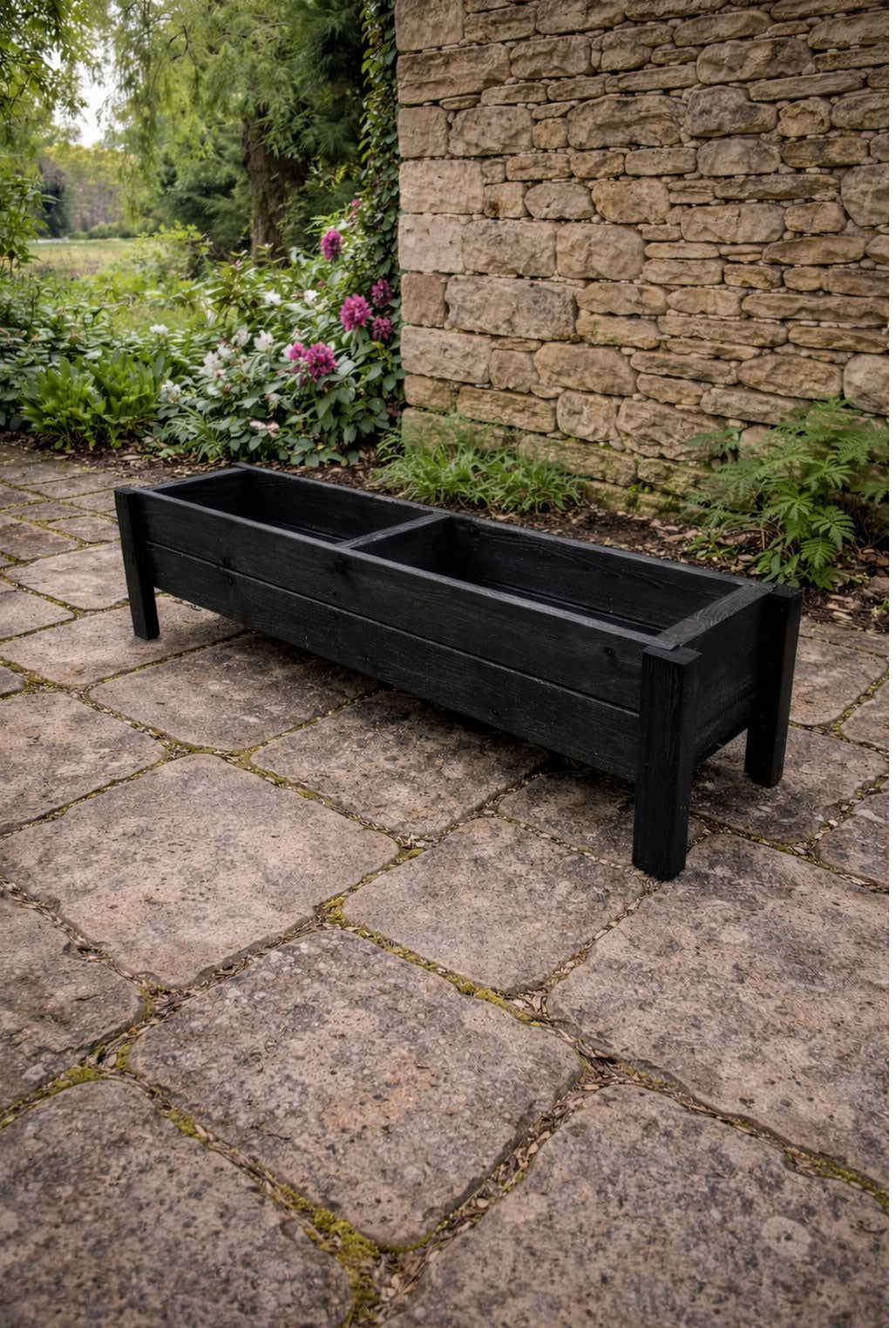 Raised Wooden Garden Container on Legs - Black Timber Trough for Herbs & Flowers