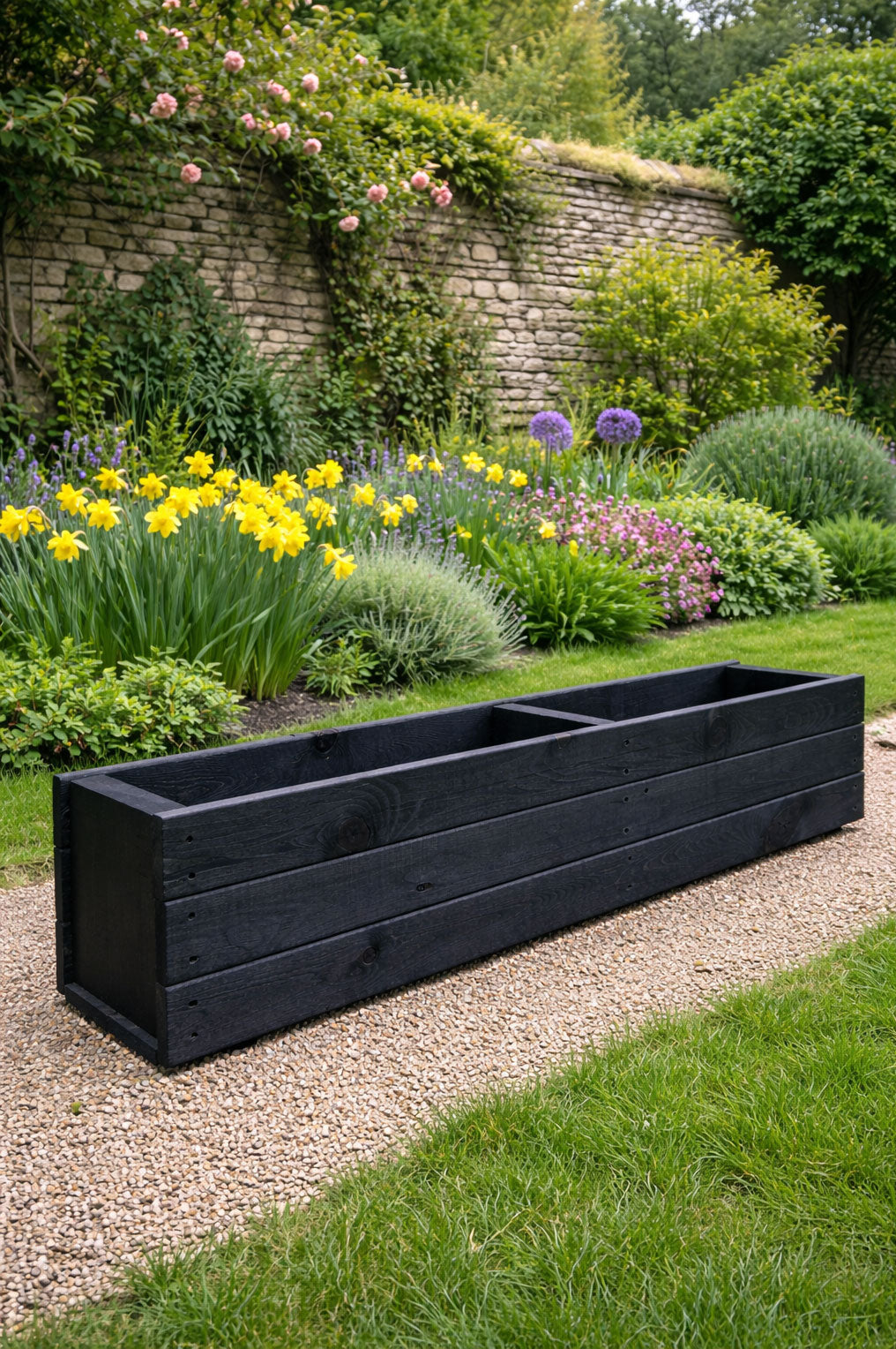Modern Black Wooden Garden Trough Planter 120cm - Heavy Duty Rectangular Outdoor Plant Container for Patios