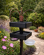 Freestanding Bird Feeding Station Heavy Duty with Dual Feeding Tables - 4 Arm Hanging Hooks - Mesh Seed Tray and Water Dish