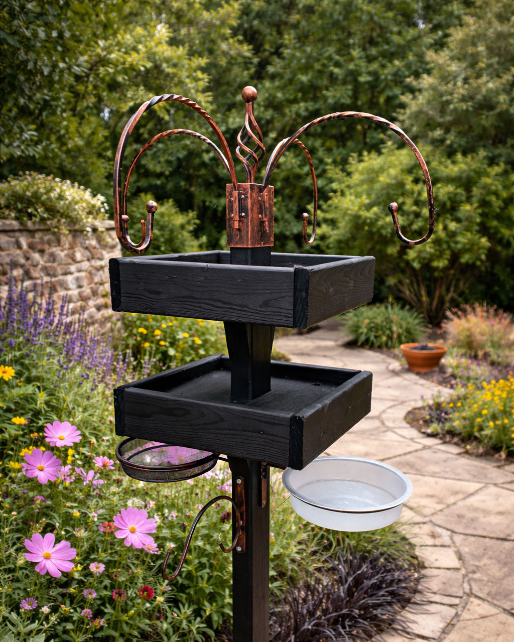 Freestanding Bird Feeding Station Heavy Duty with Dual Feeding Tables - 4 Arm Hanging Hooks - Mesh Seed Tray and Water Dish