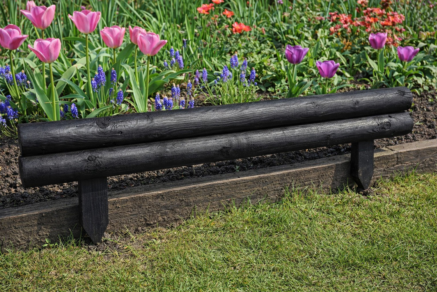 Wooden Black Log Garden Border Horizontal Lawn Edging Fence Border Panels