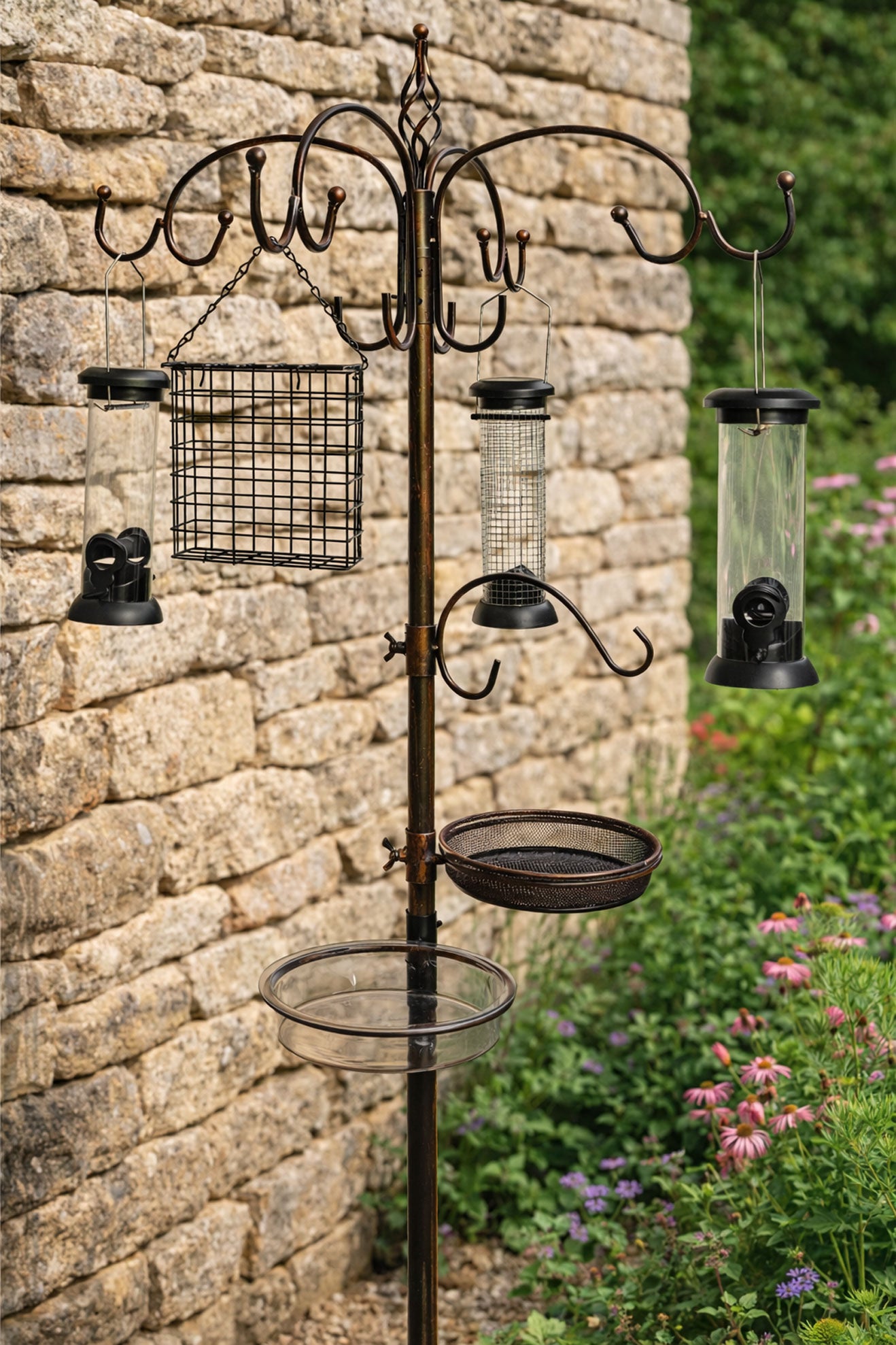 Bronze All-in-One Garden Bird Feeding Station with Feeders & Water Dish Feed Tray