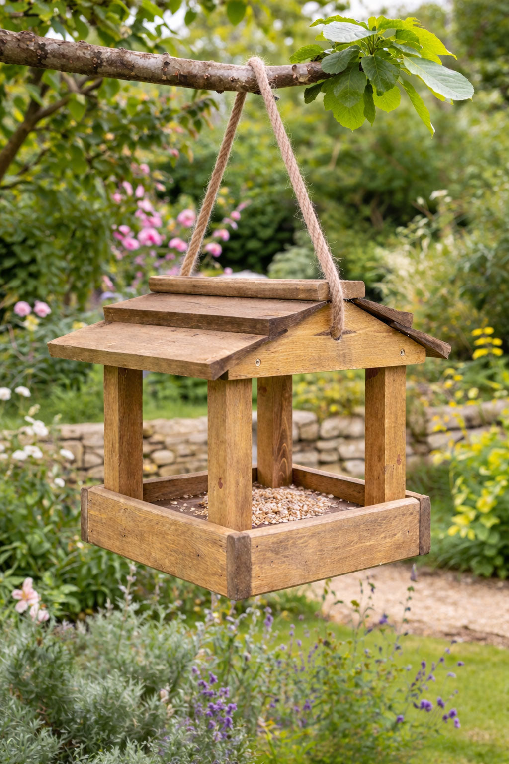 Premium Wooden Bird Feeder Hanging Rope Bird Table Garden Feeder With Roof Fully Assembled