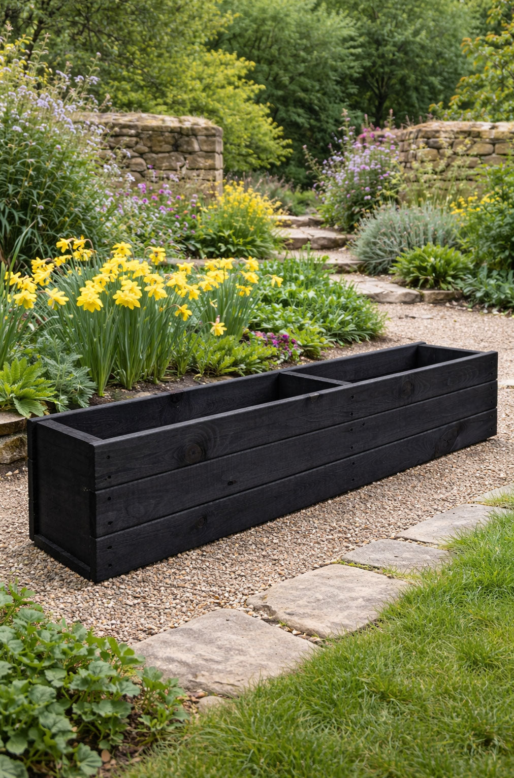 Modern Black Wooden Garden Trough Planter 120cm - Heavy Duty Rectangular Outdoor Plant Container for Patios