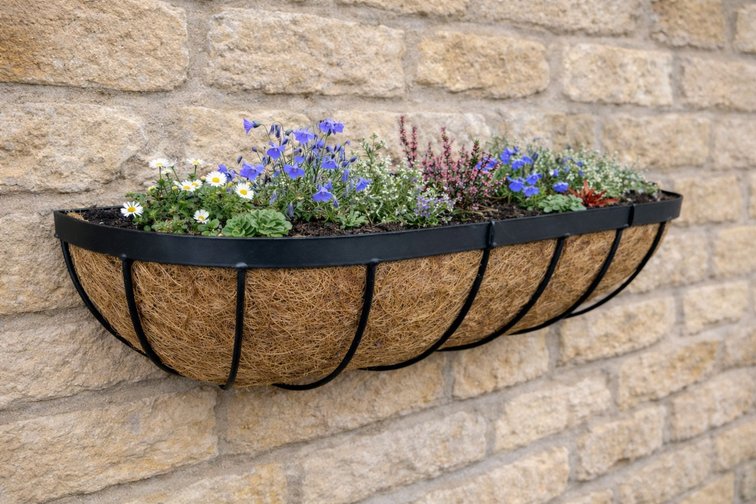 Twin Pack Outdoor Metal Wall Planters 60cm Window Boxes with Natural Coir Liners for Garden Walls