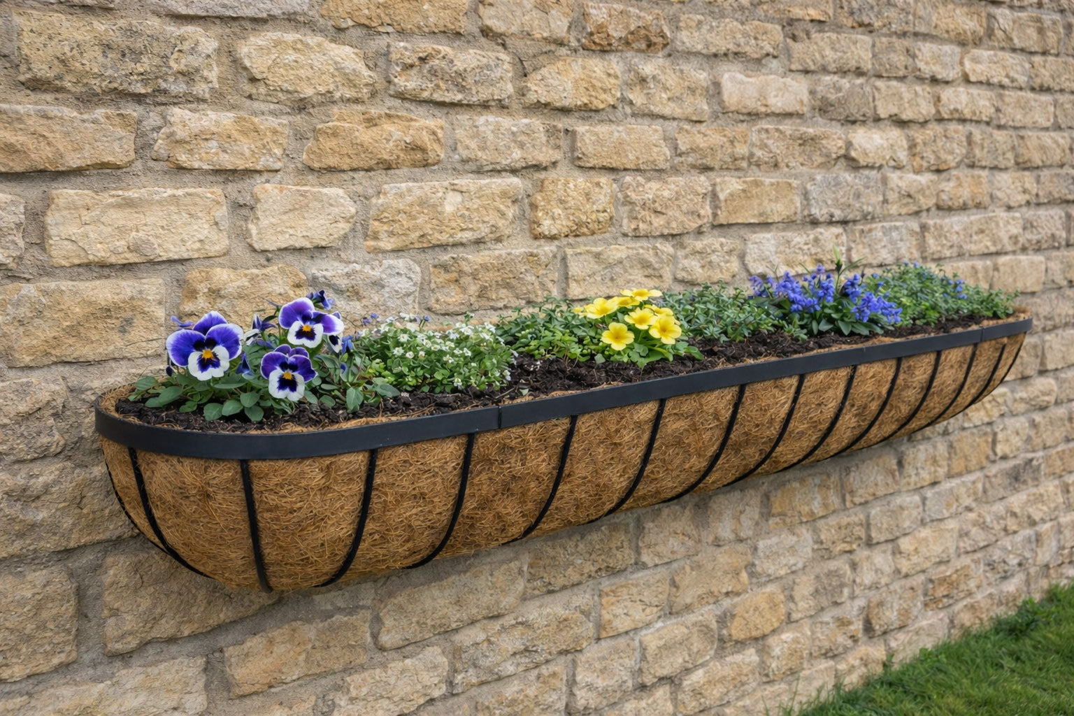 Twin Pack Outdoor Metal Wall Planters 120cm Window Boxes with Natural Coir Liners for Garden Walls